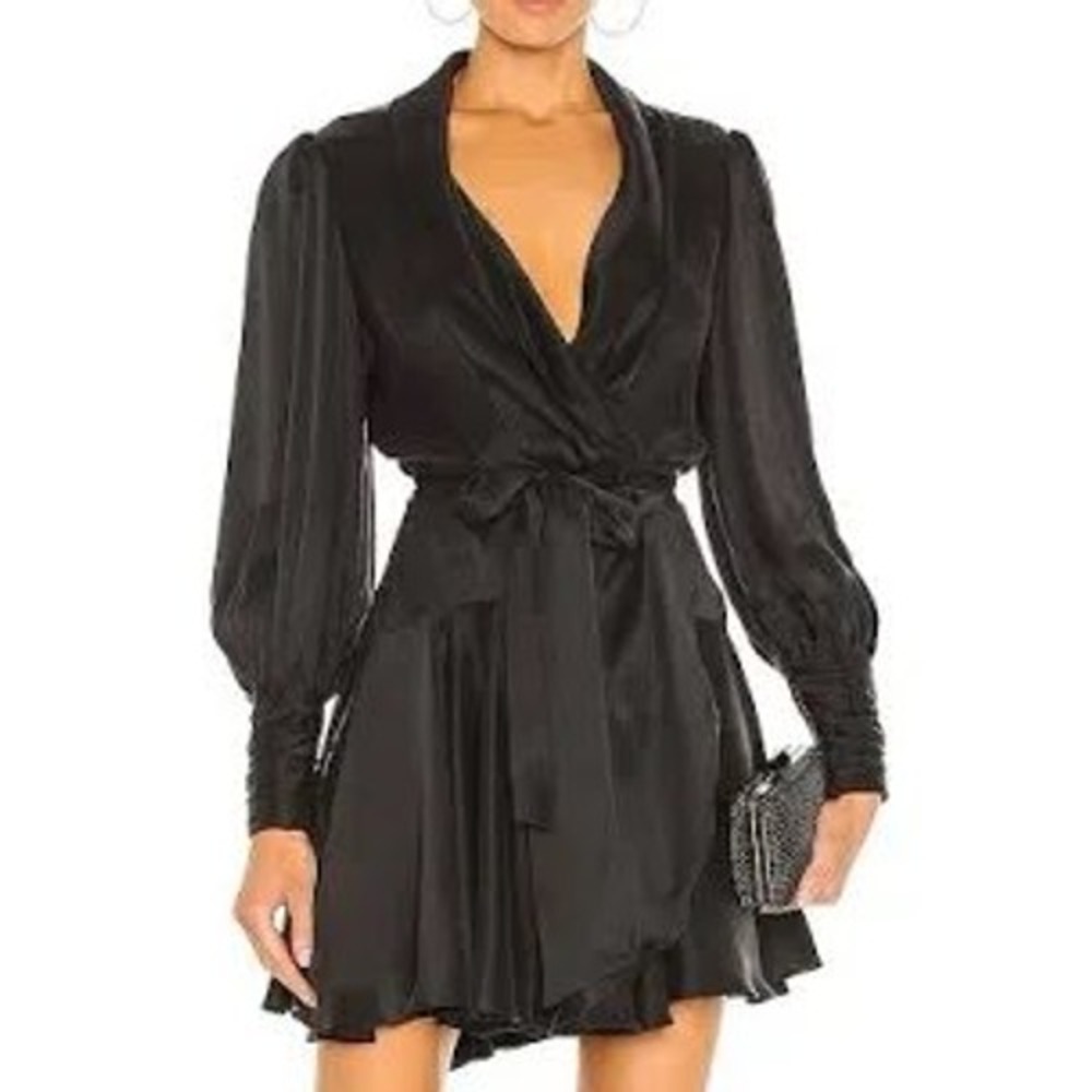 Zimmermann Black Silk Wrap Mini Dress Shawl Collar Ruched Zip Cuffs Size 2 FLAW